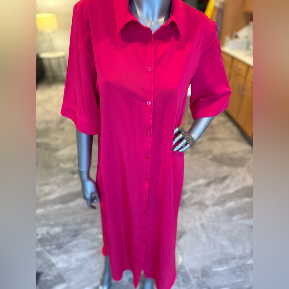 Sz S Bright Reddish Pink Button Down Shirt Dress with Side Slits